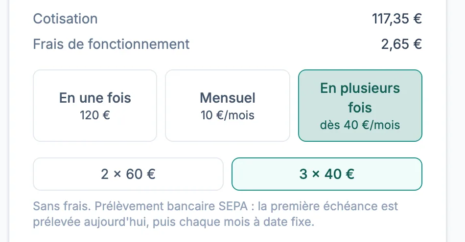Page de paiement Silia : choix entre paiement en une fois, mensuel ou en plusieurs fois par prélèvement SEPA